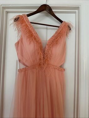 CC Boutique Coral Feather-Trim Tulle Maxi Dress